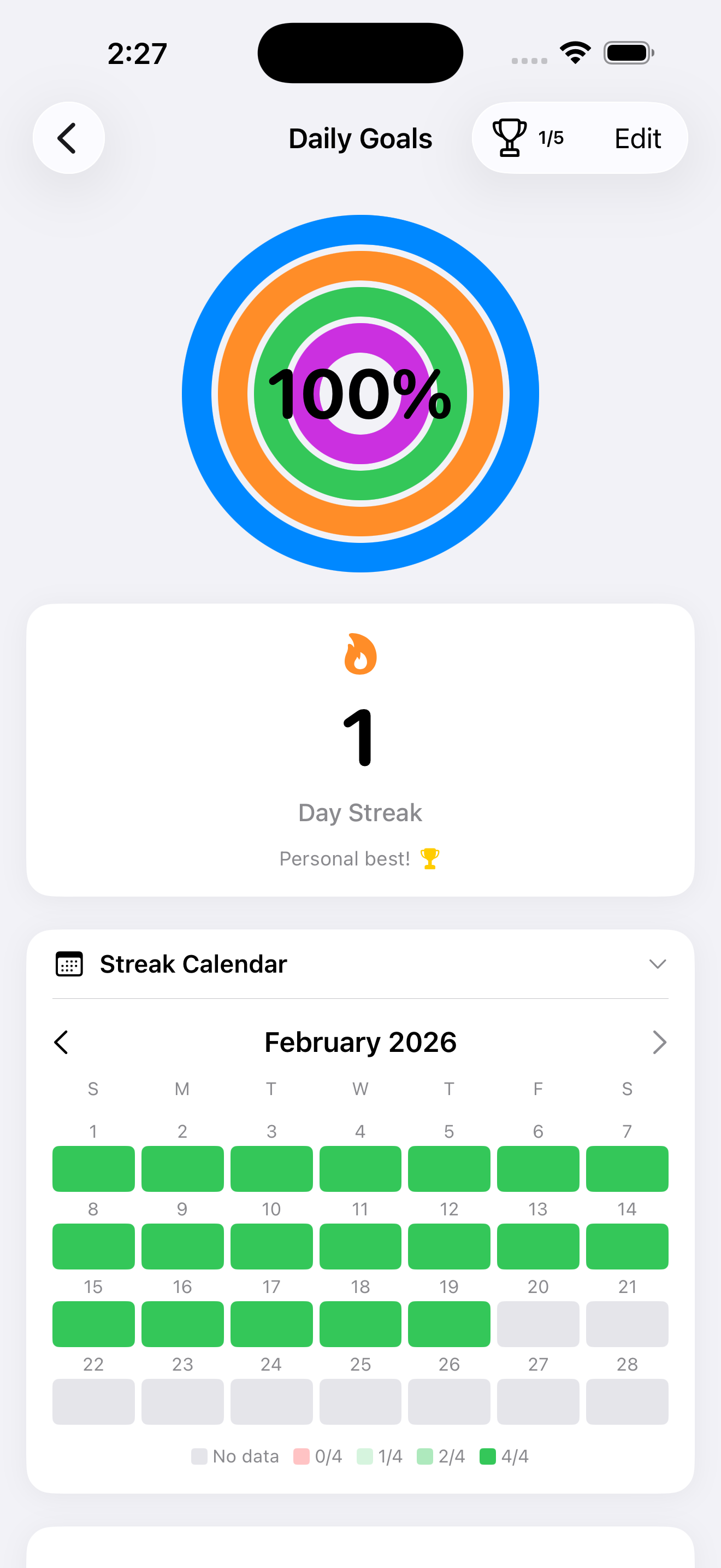 Fit Trackr+ daily goals with streak calendar